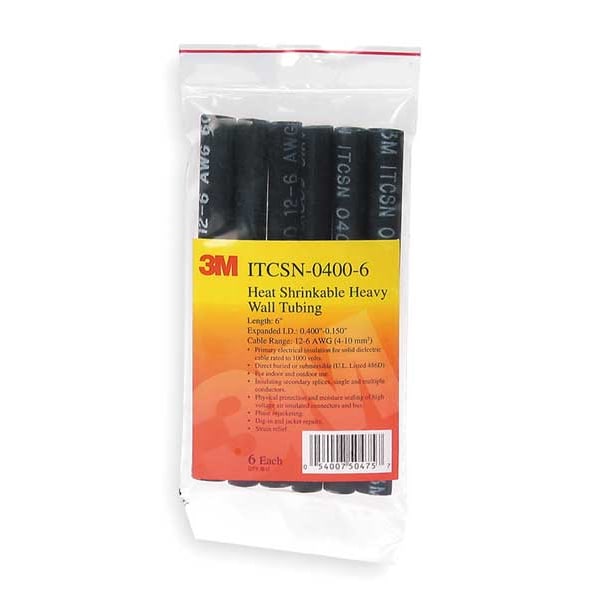 3M Shrink Tubing, 0.4in ID, Black, 4ft, PK5 - ITCSN-0400-48"-BLACK-5 PCS