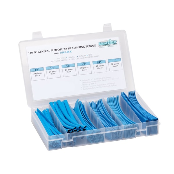 Shrinkflex ShrinkFlex® Heat Shrink Tubing Kit - 2:1 Shrink Ratio - 6 Sizes - 6" Lengths - 110 Pcs Total - Blue - HSK2-1-KIT-BL