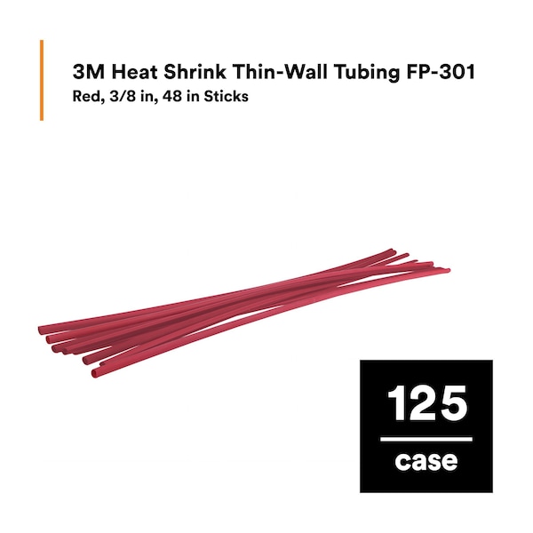 3M Shrink Tubing, 0.375in ID, Red, 4ft, PK125 - FP301-3/8-48"-RED-125 PCS