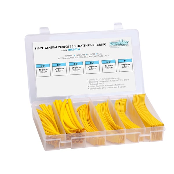 Shrinkflex ShrinkFlex® Heat Shrink Tubing Kit - 2:1 Shrink Ratio - 6 Sizes - 6" Lengths - 110 Pcs Total - Yellow - HSK2-1-KIT-YW
