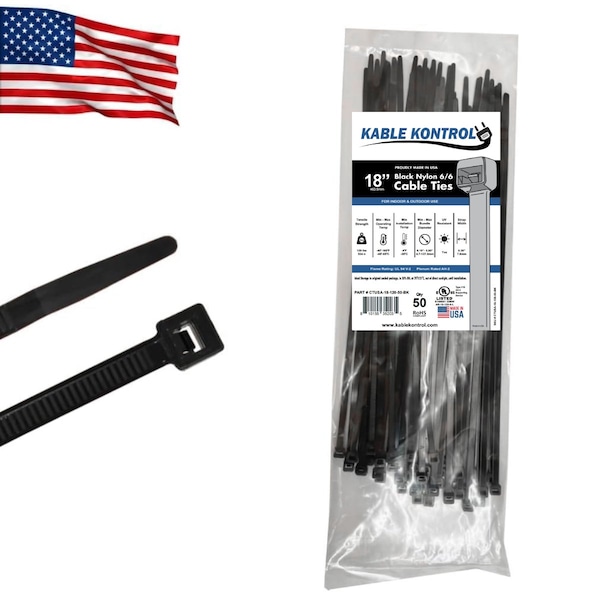 Kable Kontrol Cable Zip Ties, 18'' Long, 120 Lbs Tensile Strength, UV Resistant Black Nylon, 50PK - CTUSA-18-120-50-BK