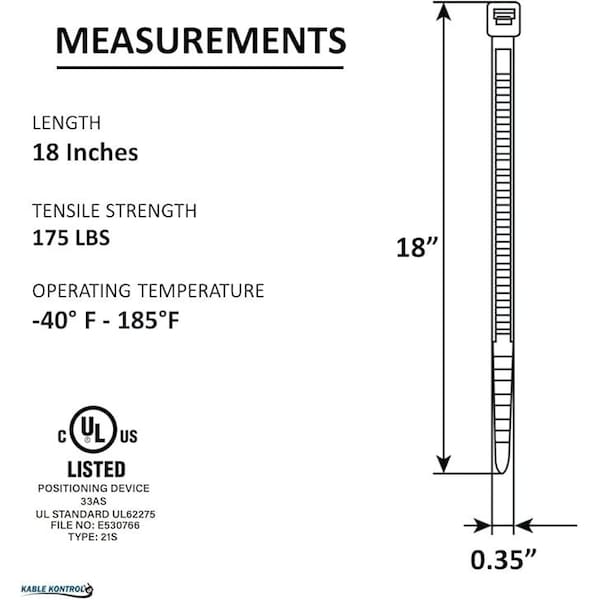 Kable Kontrol Black Zip Ties, 18'' Inch Long Heavy Duty, UV Resistant Nylon, 175 Lbs Tensile Strength, 100PK - CT-18-175-BK