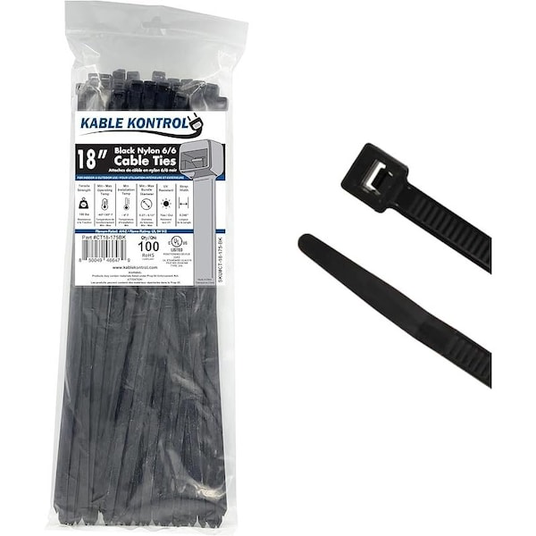 Kable Kontrol Black Zip Ties, 18'' Inch Long Heavy Duty, UV Resistant Nylon, 175 Lbs Tensile Strength, 100PK - CT-18-175-BK