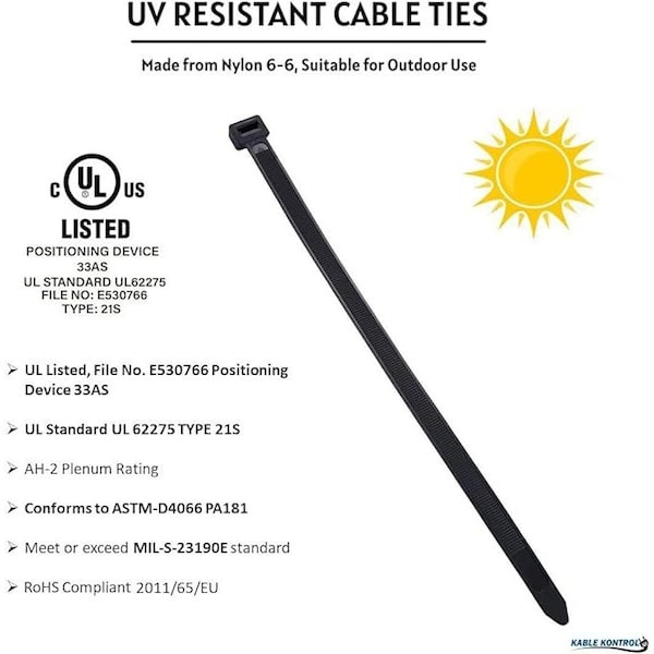 Kable Kontrol Black Zip Ties, 18'' Inch Long Heavy Duty, UV Resistant Nylon, 175 Lbs Tensile Strength, 100PK - CT-18-175-BK