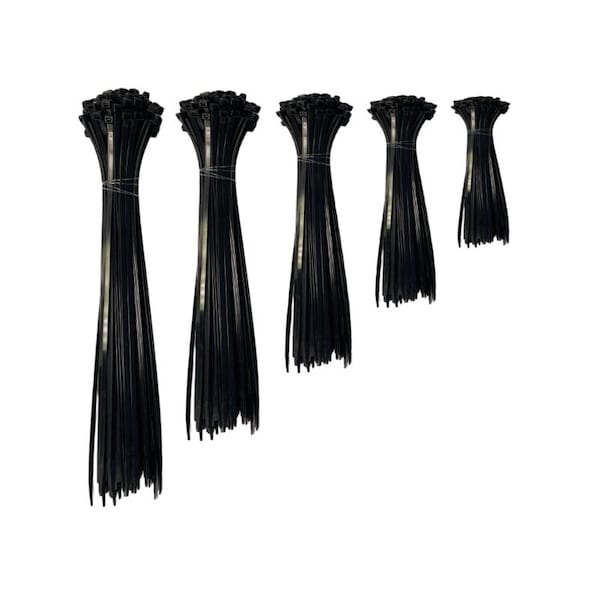 Kable Kontrol Assorted Size Cable Ties Kit - 4in, 5.5in, 8in, 11in, 14in Length - 500 Pcs - Black Nylon - CT-KIT-MS-BK