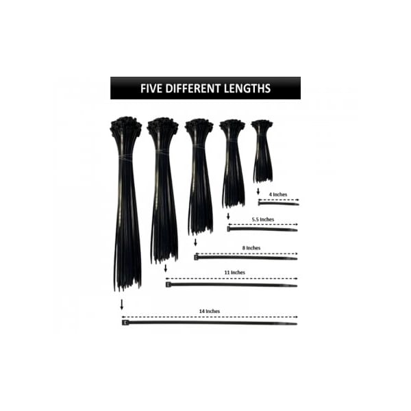 Kable Kontrol Assorted Size Cable Ties Kit - 4in, 5.5in, 8in, 11in, 14in Length - 500 Pcs - Black Nylon - CT-KIT-MS-BK