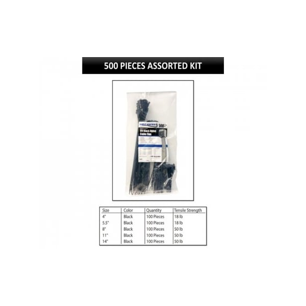 Kable Kontrol Assorted Size Cable Ties Kit - 4in, 5.5in, 8in, 11in, 14in Length - 500 Pcs - Black Nylon - CT-KIT-MS-BK