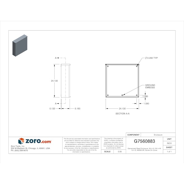 Wiegmann Carbon Steel Electrical Enclosures, 24 in H, 6 in D, 24 in W, NEMA 3R, Screw On - RSC242406GNK