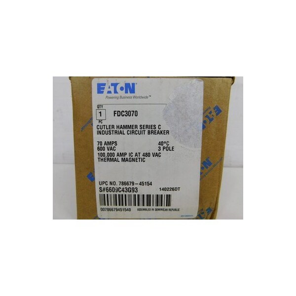 Eaton Molded Case Breakers MCCBs FDC 3P 70A 600V 50/60Hz 3Ph F Frame - FDC3070