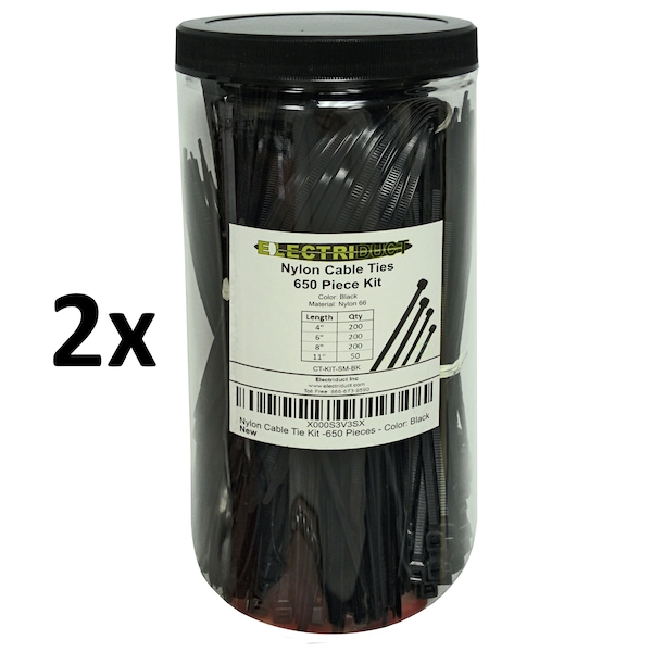 Electriduct Nylon Cable Tie Kit- 650 pcs- Assort. Lengths 4", 6", 8", 11"- Black - CT-KIT-SM-BK