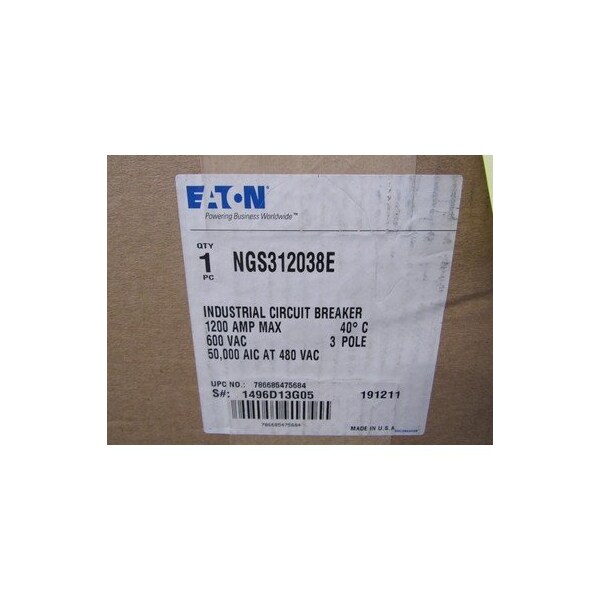 Eaton Molded Case Breakers MCCBs NGS 3P 1200A 600V 50/60Hz 3Ph N Frame - NGS312038E