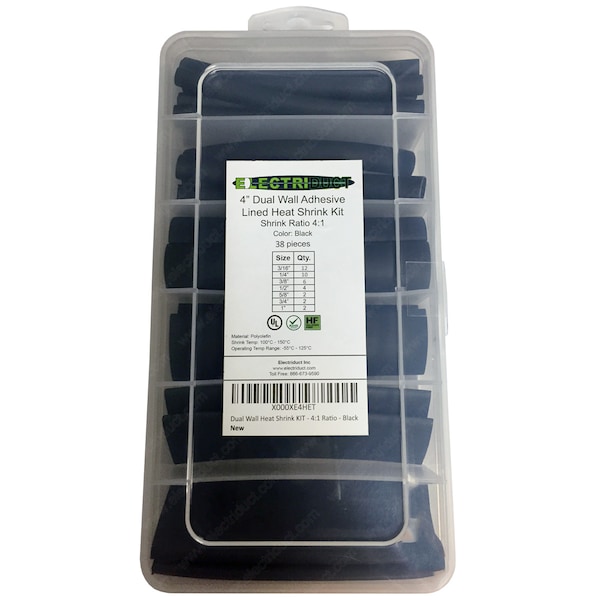 Electriduct Dual Wall Heat Shrink Kit- 38 pcs- 4:1- 5/32" to 11/16"- Black - HS4-KIT-DW-BK-3PK