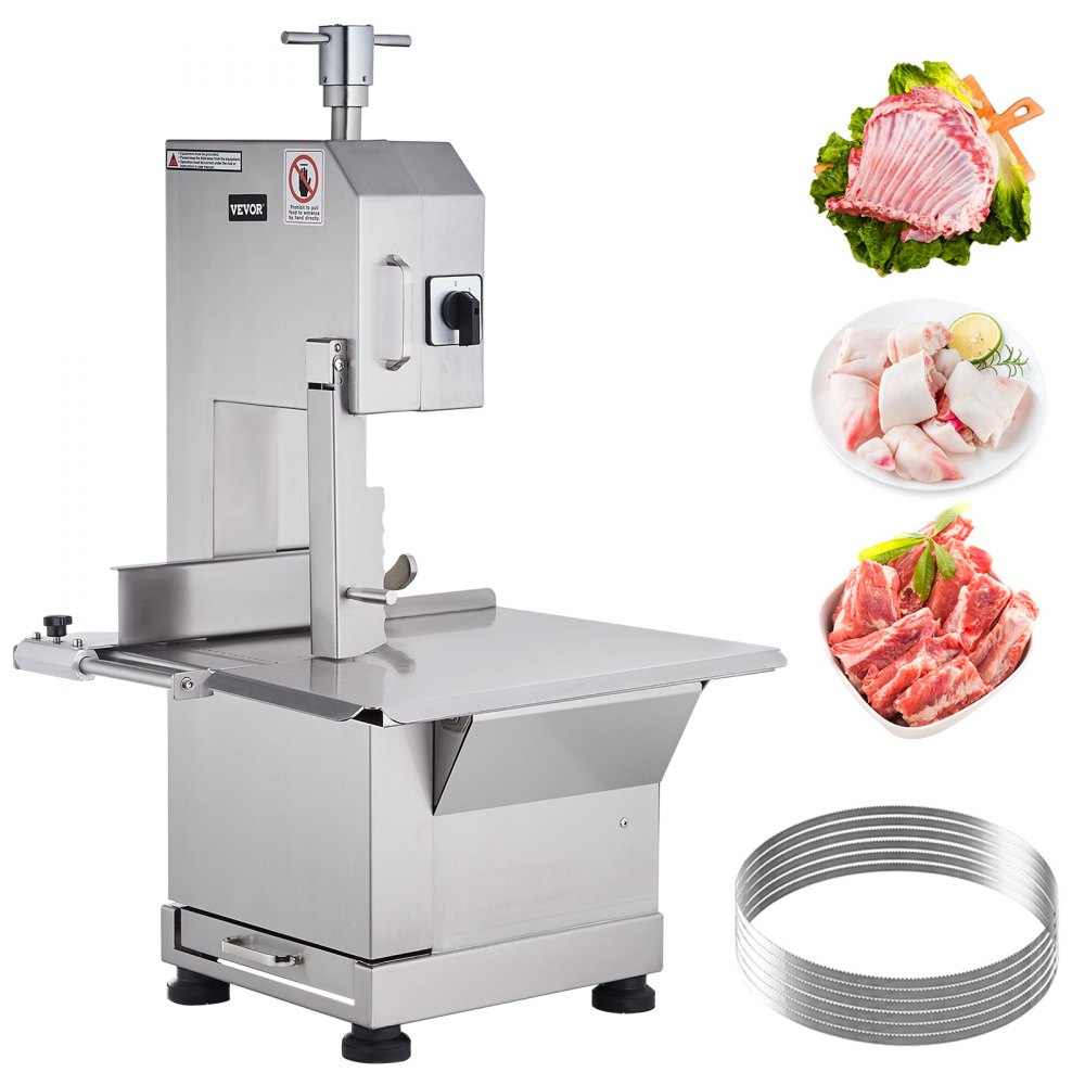 VEVOR Commercial Electric Meat Bandsaw, 2200W Stainless Steel Countertop Bone Sawing Machine, Workbeach 18.5" x 20.9", 0-7.1 Inch Cutting Thickness, Frozen Meat Cutter with 6 Blades for Rib Pork Beef - TSJGJ2200W418LAWMV1