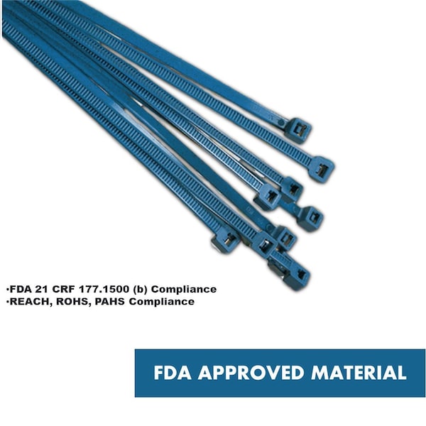 Kable Kontrol Metal Detectable Zip Ties, 8'' Long, 40 Lbs Tensile Strength, Blue, 100PK - CTMD-800-40-BLUE