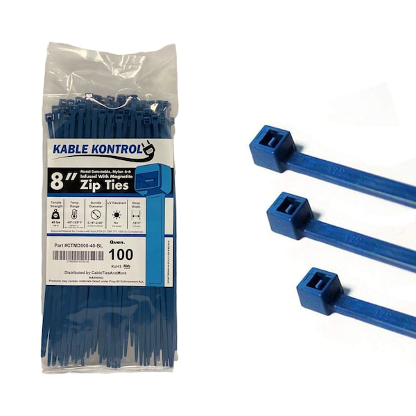 Kable Kontrol Metal Detectable Zip Ties, 8'' Long, 40 Lbs Tensile Strength, Blue, 100PK - CTMD-800-40-BLUE