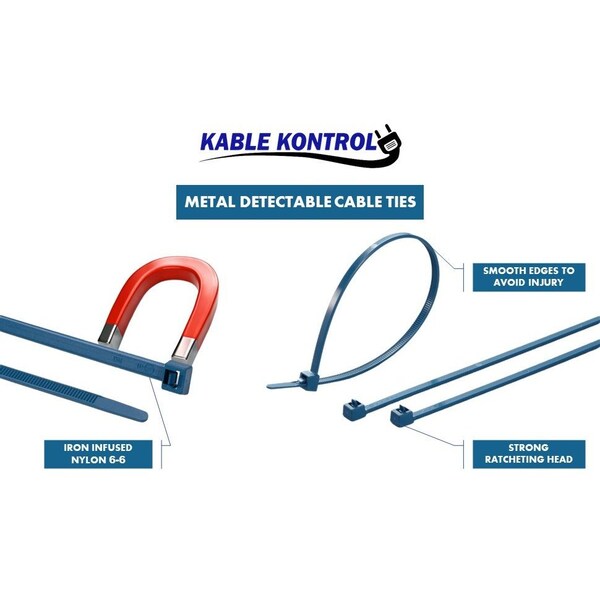 Kable Kontrol Metal Detectable Zip Ties, 8'' Long, 40 Lbs Tensile Strength, Blue, 100PK - CTMD-800-40-BLUE