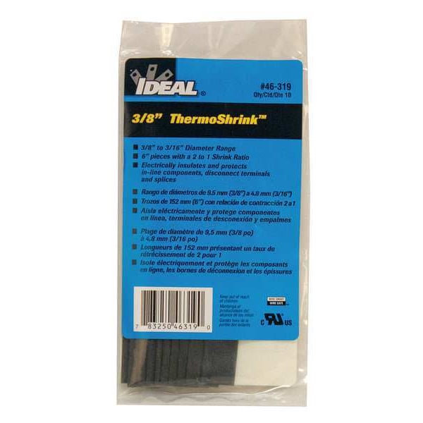Ideal Shrink Tubing, 0.421in ID, Black, 6in, PK10 - 46-319