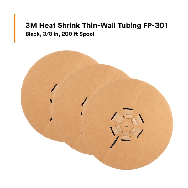 3M Shrink Tubing, 0.375in ID, Black, 200ft, PK3 - FP301-3/8-200'-BLACK-SPOOL