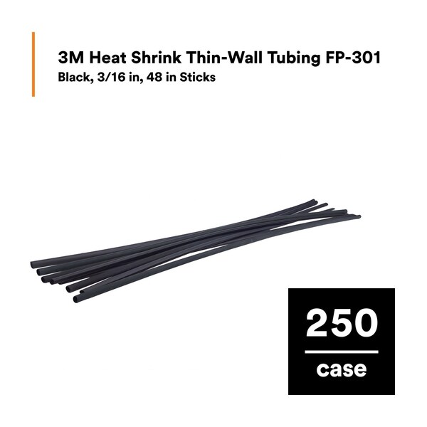 3M Shrink Tubing, 0.187in ID, Black, 4ft, PK250 - FP-301-3/16-Black-4'-Bulk