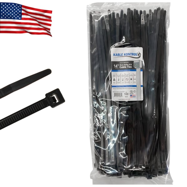 Kable Kontrol Cable Zip Ties, 14'' Inch Long, 120 Lbs Tensile Strength, 100 Pcs Pack, UV Resistant Black - CTUSA-14-120-100-BK