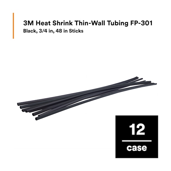 3M Shrink Tubing, 0.75in ID, Black, 4ft, PK12 - FP301-3/4-48"-BLACK-12 PCS