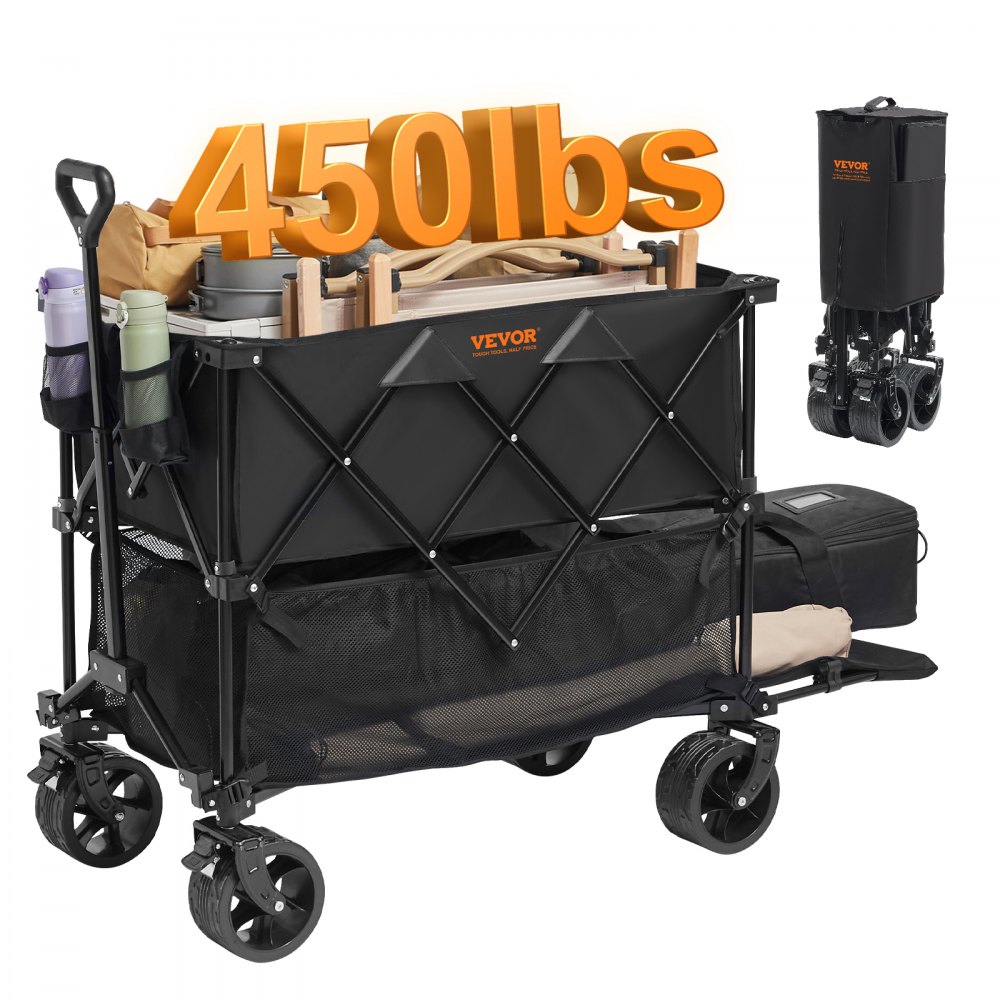 VEVOR Foldable Double Decker Wagon, 400L Collapsible Wagon Cart with All-Terrain Wheels, Heavy Duty Folding Wagon Cart 450 lbs Weight Capacity for Camping, Shopping, Garden, 52" Extra Long Extender - ZDHYBXSSTCHSXALL9V0