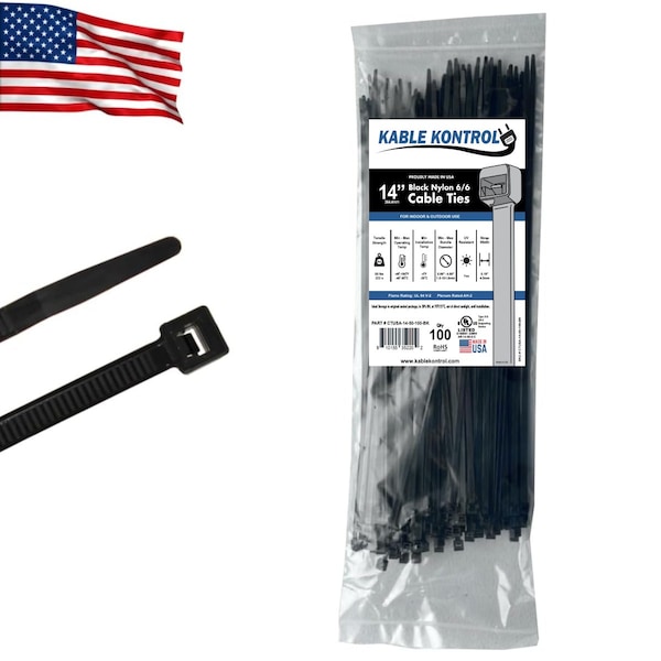 Kable Kontrol Cable Zip Ties, 14'' Long, 50 Lbs Tensile Strength, UV Resistant Black Nylon, 100PK - CTUSA-14-50-100-BK