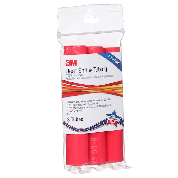 3M Shrink Tubing, 0.8in ID, Red, 6in, PK3 - ITCSN-0800-6"-RED-12-3 PC PKS