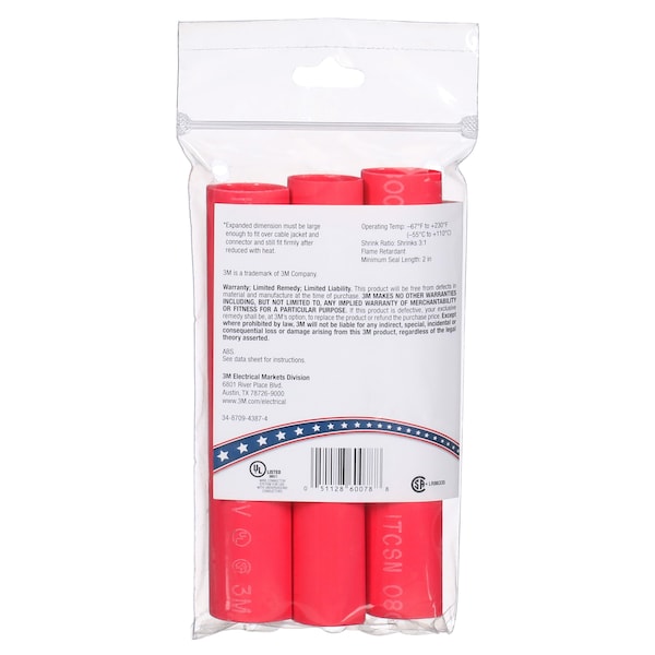 3M Shrink Tubing, 0.8in ID, Red, 6in, PK3 - ITCSN-0800-6"-RED-12-3 PC PKS