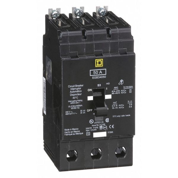 Square D Miniature Circuit Breaker, EGB Series, 50A, 3 Pole, 277/480V AC, 65kA at 120V AC - EGB34050