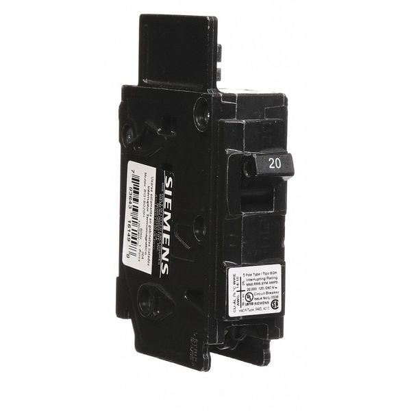 Siemens Miniature Circuit Breaker, BQH Series, 20A, 1 Pole, 120V AC, 22kA at 120V AC - BQ1B020H