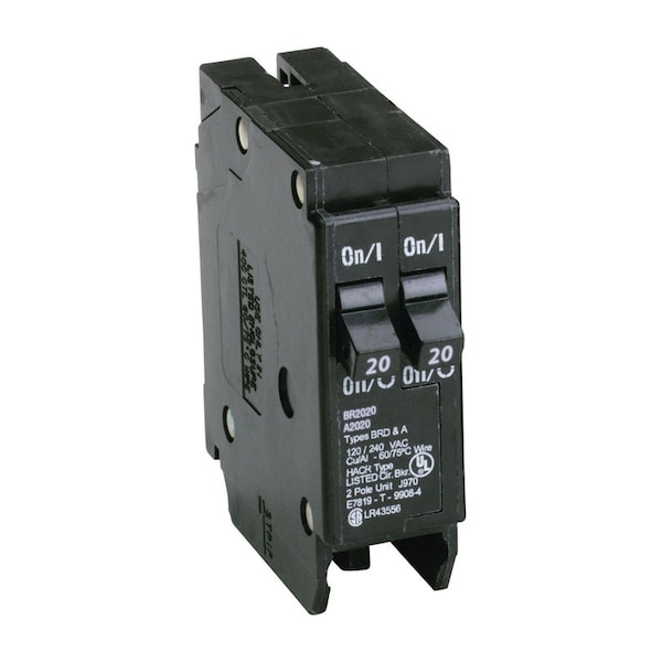 Eaton Cutler-Hammer Circuit Breaker, BR Series, 20A, 2 Pole, 120V AC, 10kA - BR2020