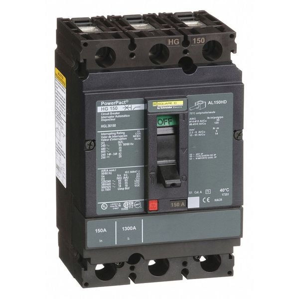 Square D Molded Case Circuit Breaker, HGL Series, 150A, 3 Pole, 600V AC, 65kA at 240V AC - HGL36150