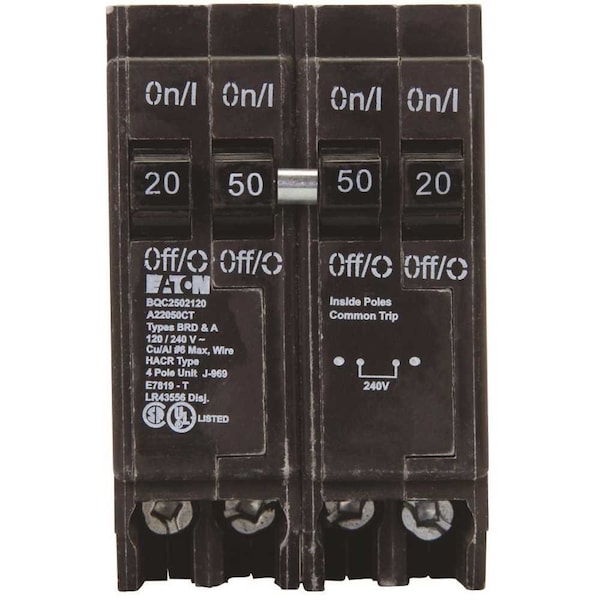 Eaton Circuit Breaker, BR Series, 20/50A, 4 Pole, 120/240V AC, 10kA - BQC2502120