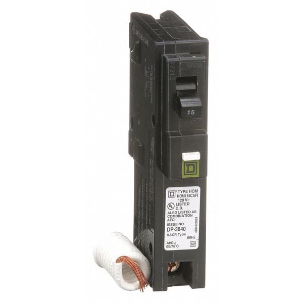 Square D Miniature Circuit Breaker, HOM Series, 15A, 1 Pole, 120V AC, 10kA - HOM115CAFI