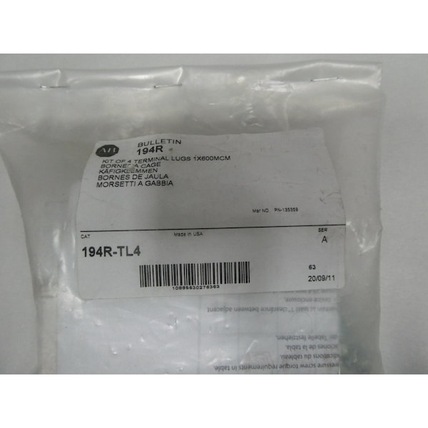 Allen Bradley Kit Of 4 Terminal Lugs 1X600Mcm Circuit Breaker Parts And Accessory - 194R-TL4