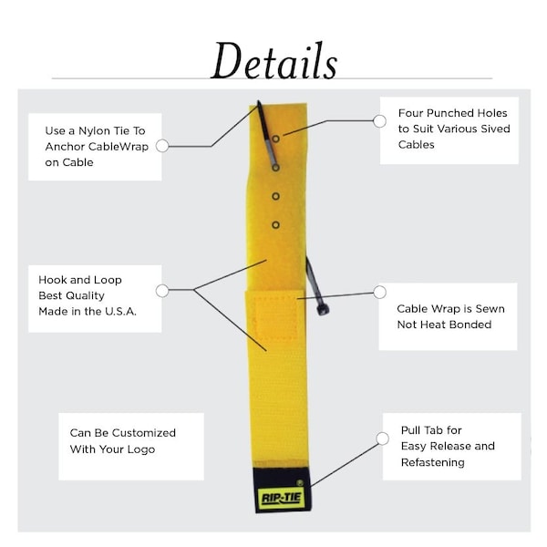Rip-Tie Reusable Strap, Yellow, 1"x3", PK100 - H-03-100-Y