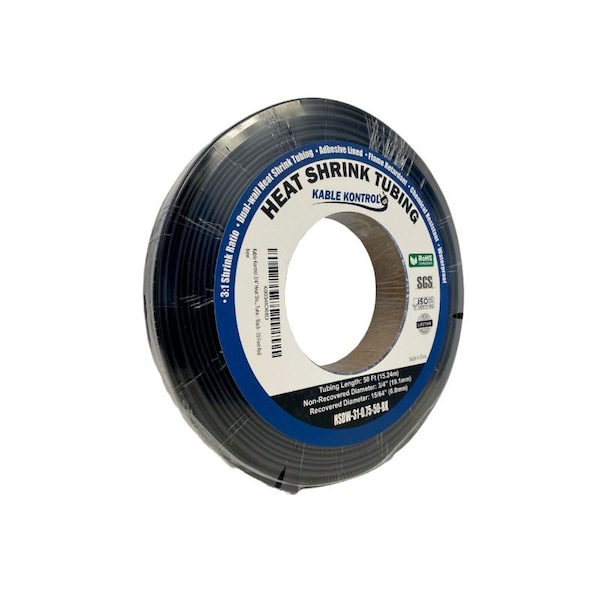 Kable Kontrol Adhesive Lined Heat Shrink Tubing - 3:1 Ratio - 3/4 Inside Diameter - 50 Long - Black - HSDW-31-0.75-50-BK