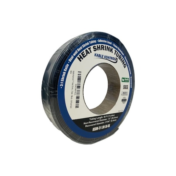 Kable Kontrol Adhesive Lined Heat Shrink Tubing - 3:1 Ratio - 1 Inside Diameter - 50 Long - Black - HSDW-31-1.00-50-BK