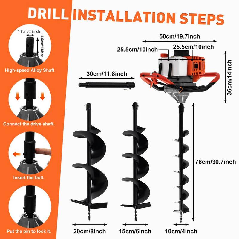 YIYIBYUS 52 cc Gasoline Engine Single-Cylinder 2-Stroke Post Hole Digger with 4 in./6 in./8 in. Bits - OT-C001-090+91