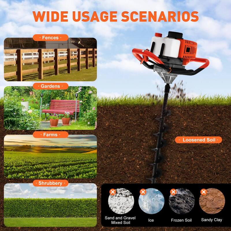 YIYIBYUS 52 cc Gasoline Engine Single-Cylinder 2-Stroke Post Hole Digger with 4 in./6 in./8 in. Bits - OT-C001-090+91