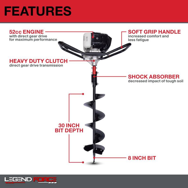 Legend Force 52 cc 2-Cycle Gas Powered 1-Man Earth Auger with 8 in. Bit - 201125