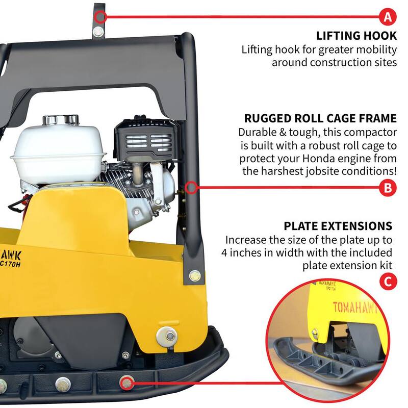 Tomahawk Power 6.5 HP Honda Reverse Hydraulic Plate Compactor for Asphalt, Aggregate, Cohesive Soil Compaction - TPC170H