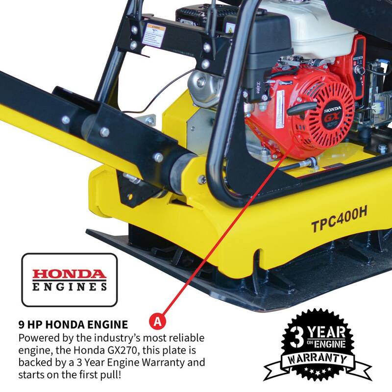 Tomahawk Power 9 HP Reverse Plate Compactor Honda GX270 Gas-Powered 11,690 lbs./sq. ft. for Soil Compaction - TPC400H