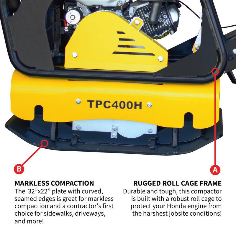 Tomahawk Power 9 HP Reverse Plate Compactor Honda GX270 Gas-Powered 11,690 lbs./sq. ft. for Soil Compaction - TPC400H