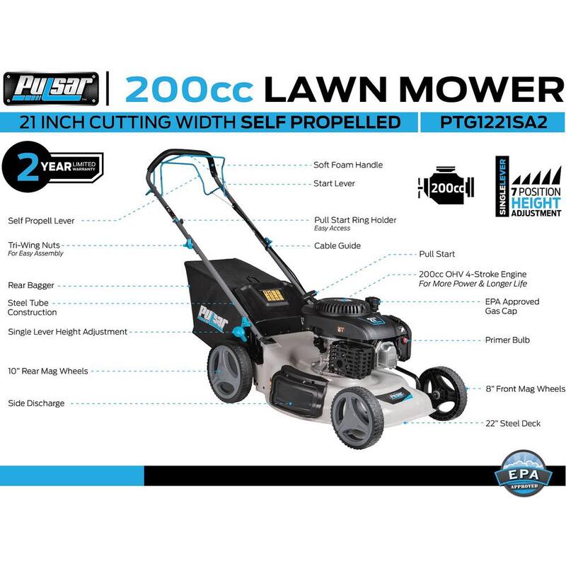Pulsar 21 in. 200 cc Gas Recoil Start, Walk Behind Push Mower, Self-Propelled 3-in-1 with 7 Position Height Adjustment - PTG1221SA2
