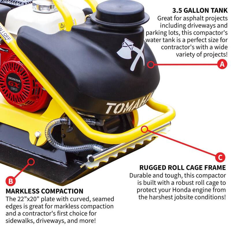 Tomahawk Power 5.5 HP Honda Vibratory Plate Compactor for Asphalt, Aggregate, Cohesive Soil Compaction with 3.5 Gal. Water Tank - TPC90H