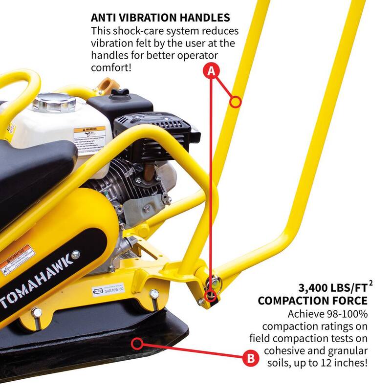 Tomahawk Power 5.5 HP Honda Vibratory Plate Compactor for Asphalt, Aggregate, Cohesive Soil Compaction with 3.5 Gal. Water Tank - TPC90H