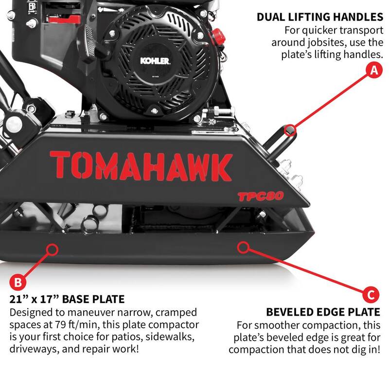 Tomahawk Power Vibratory Plate Compactor for Soil Compaction with Kohler Engine and 3 Year Warranty - TPC80