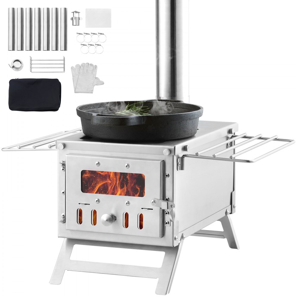 VEVOR Wood Stove, 80 inch, Stainless Steel Camping Tent Stove, Portable Wood Burning Stove with Chimney Pipes & Gloves, 700in³Firebox Hot Tent Stove for Outdoor Cooking and Heating with 8 Pipes - ZPQNLFX80INCHMHMCV0
